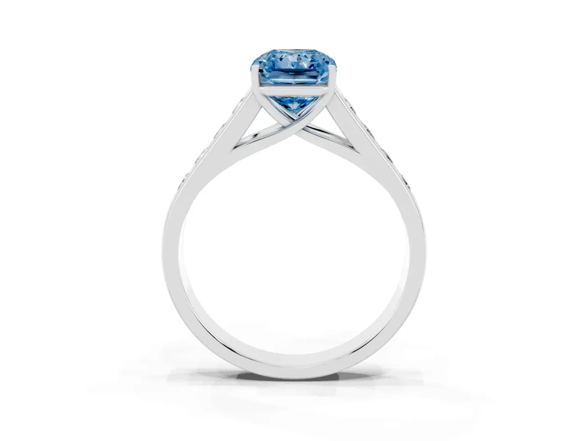 Fancy Blue Radiant Cut Brilliant Channel-Set Solitaire Ring with Four-Prong Setting Silver
