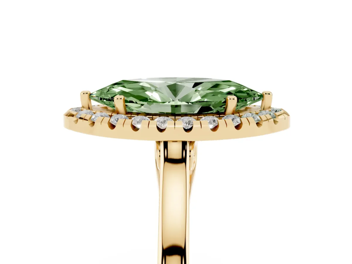 Fancy Green Marquise Cut Halo Round Diamond Solitaire Ring with Pavé Band and Four-Prong Setting Yellow gold
