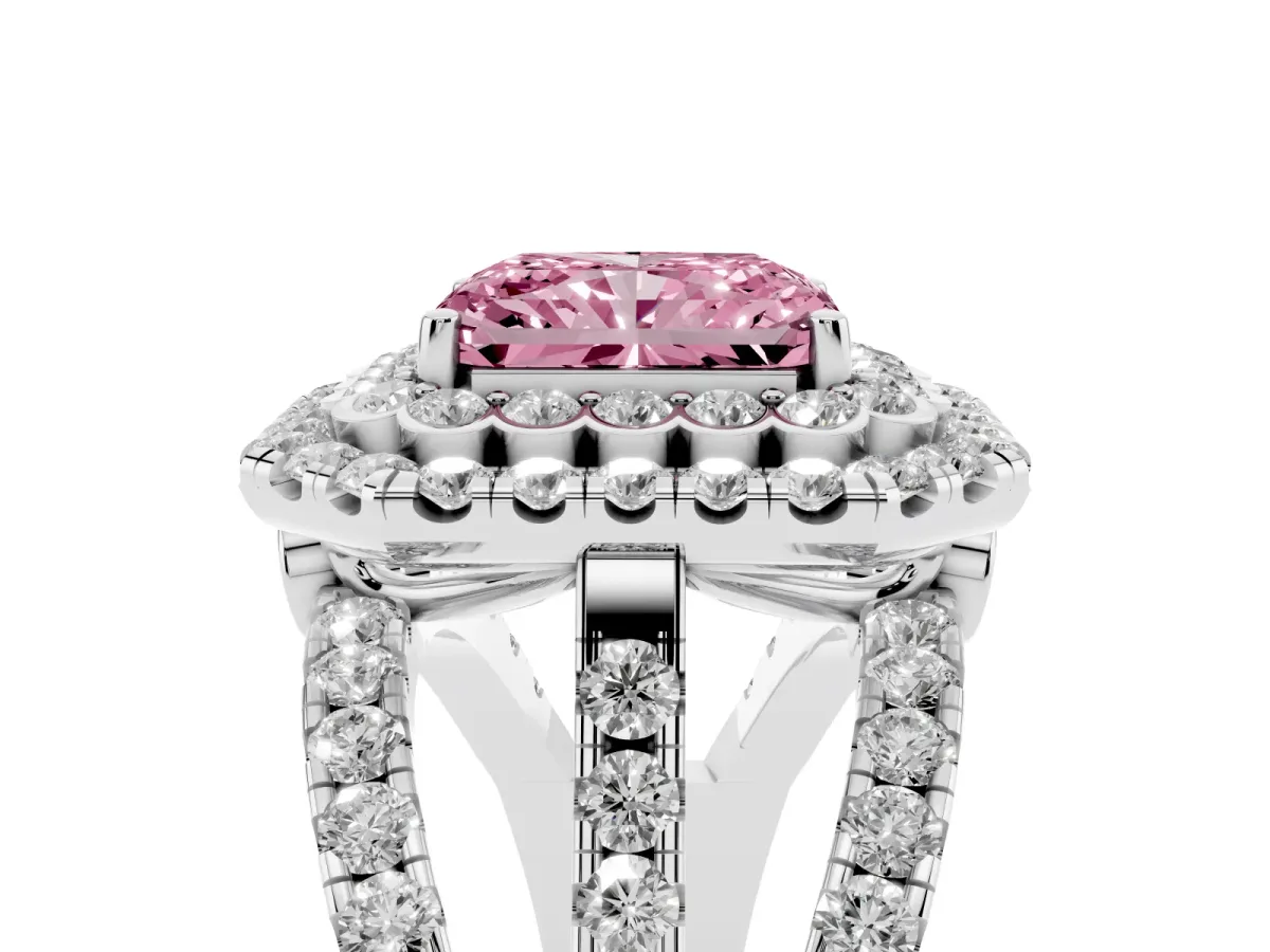 Fancy Pink Radiant Cut Diamond Double Halo Ring with Round Pavé Split Shank and Prong Setting Silver