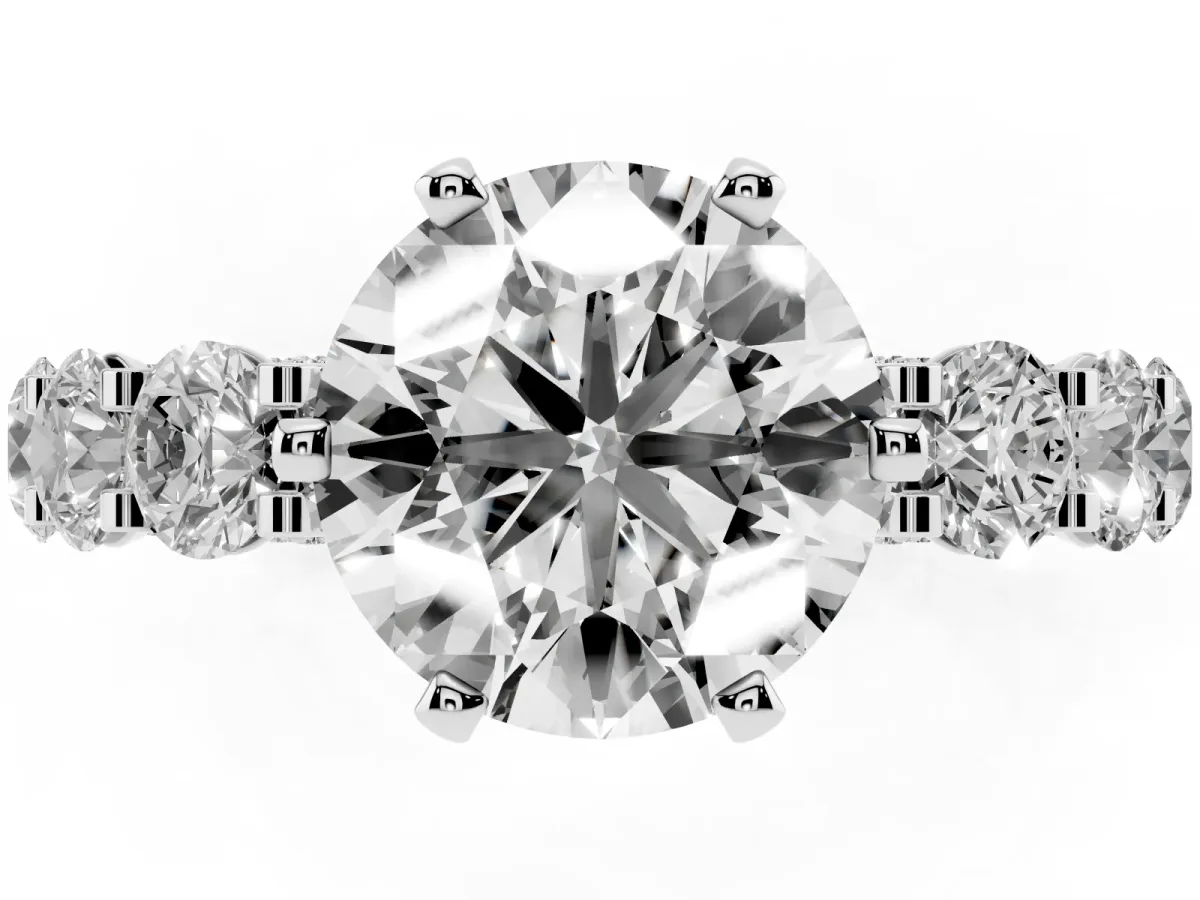 Round Cut Diamond Side Stone Engagement Ring with Four-Prong Setting Silver