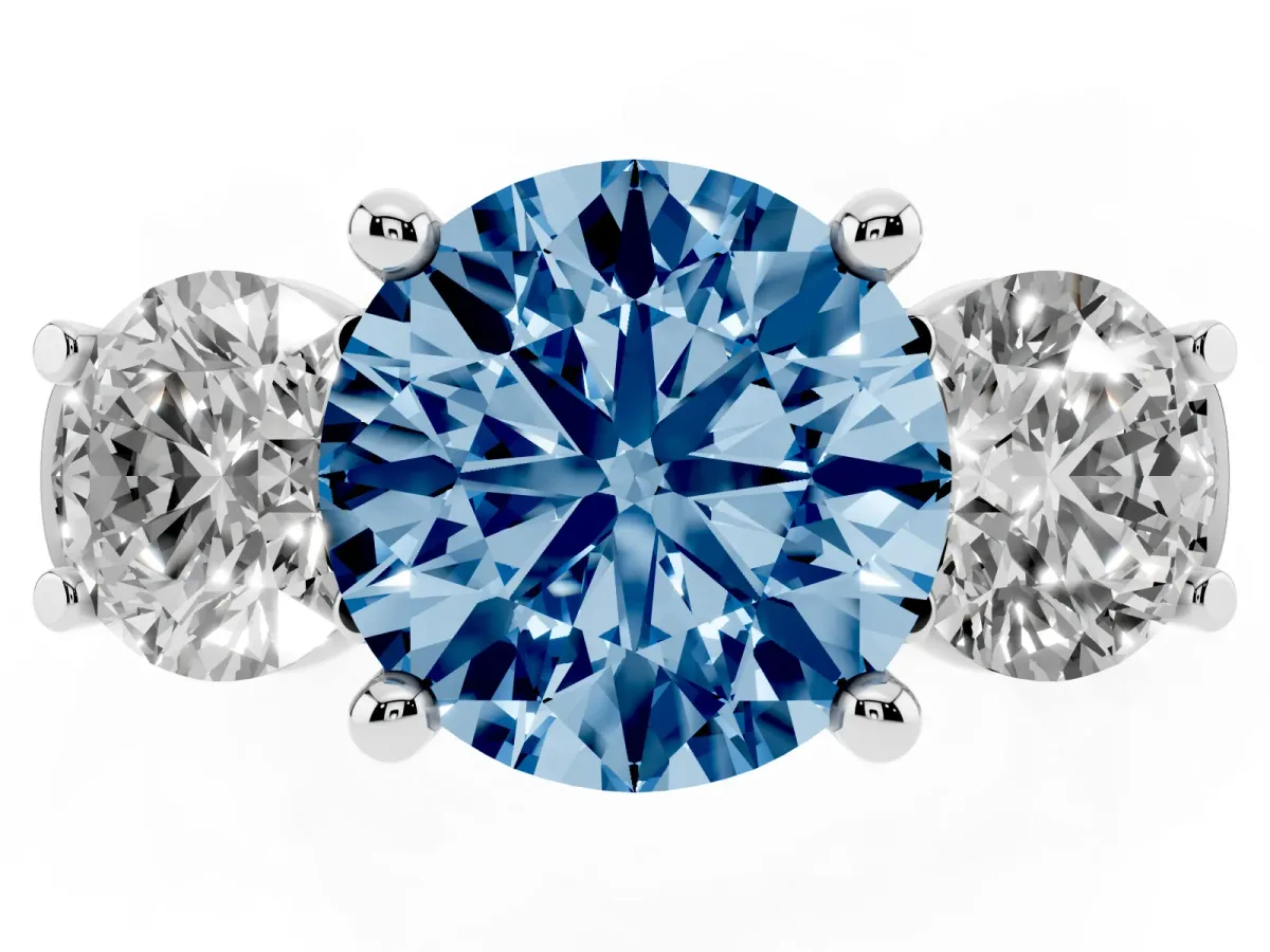 Fancy Blue Three-Stone Round Cut Brilliant Diamond Trellis Ring with Comfort Fit Band Platinum