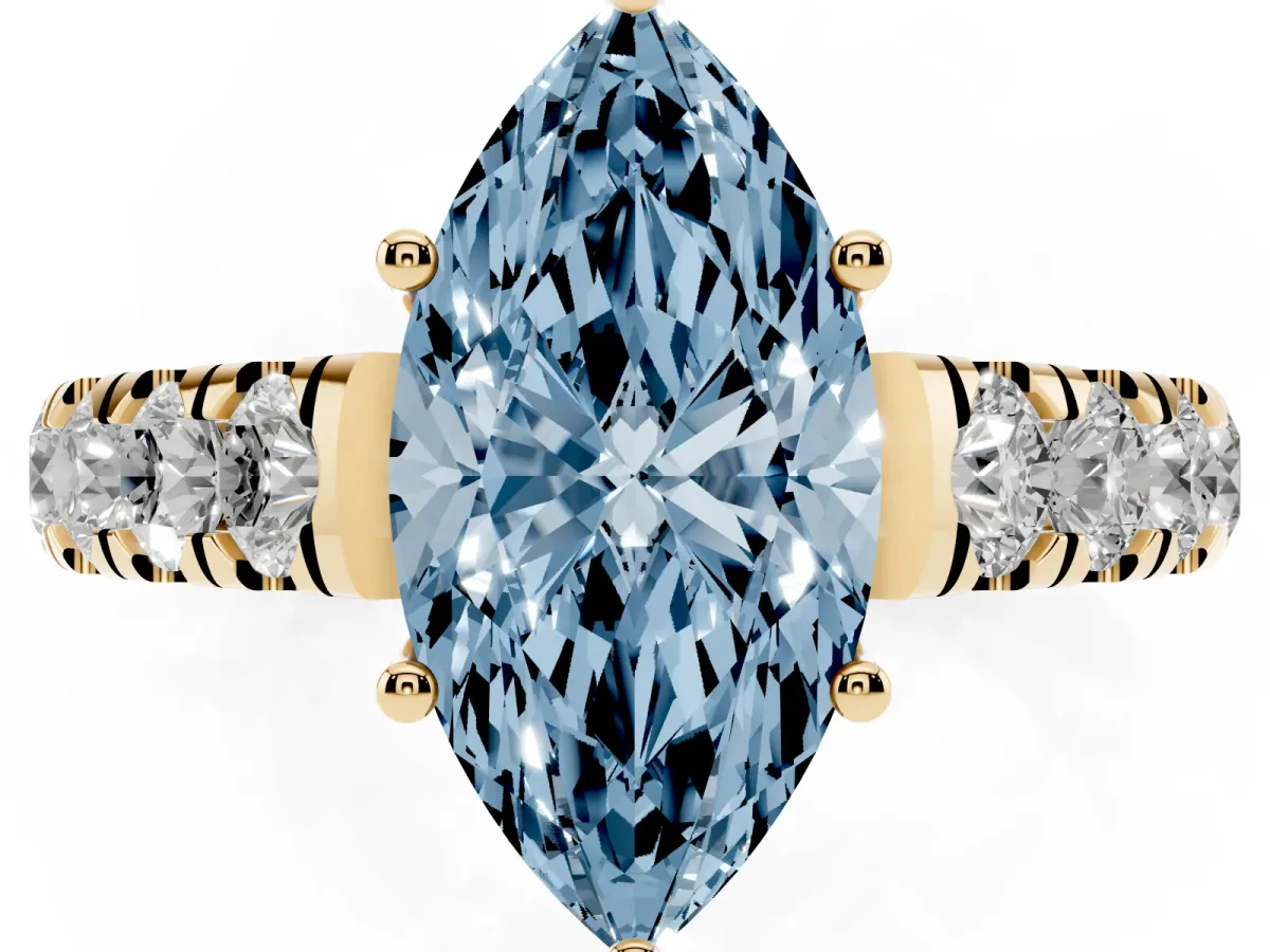 Fancy Blue Marquise Cut Cut Diamond Solitaire Ring with Micro Pave Band and Prong Setting Yellow gold