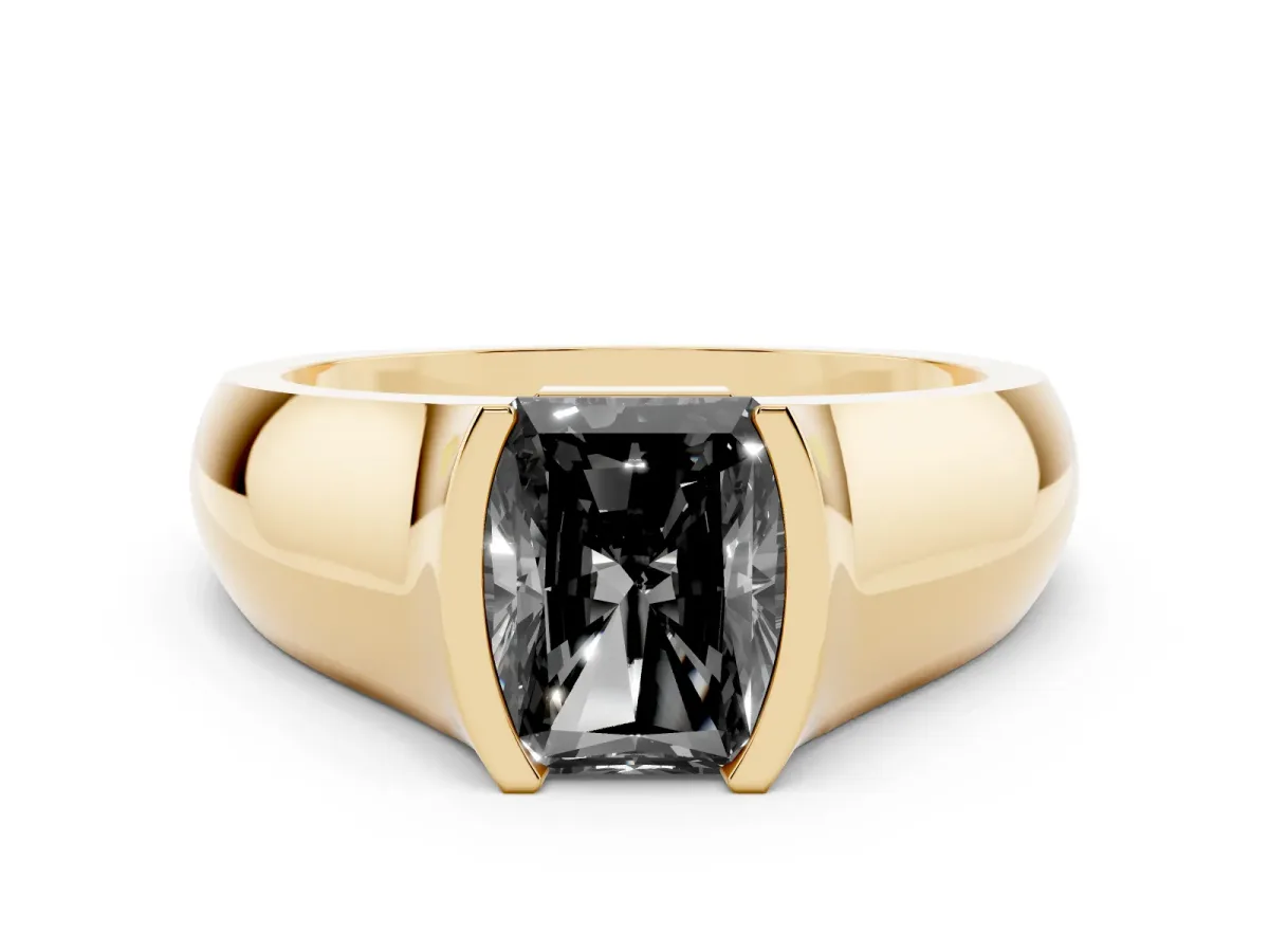 Fancy Black Radiant Cut Solitaire Bezel Set Diamond Ring with Wide Band Yellow gold