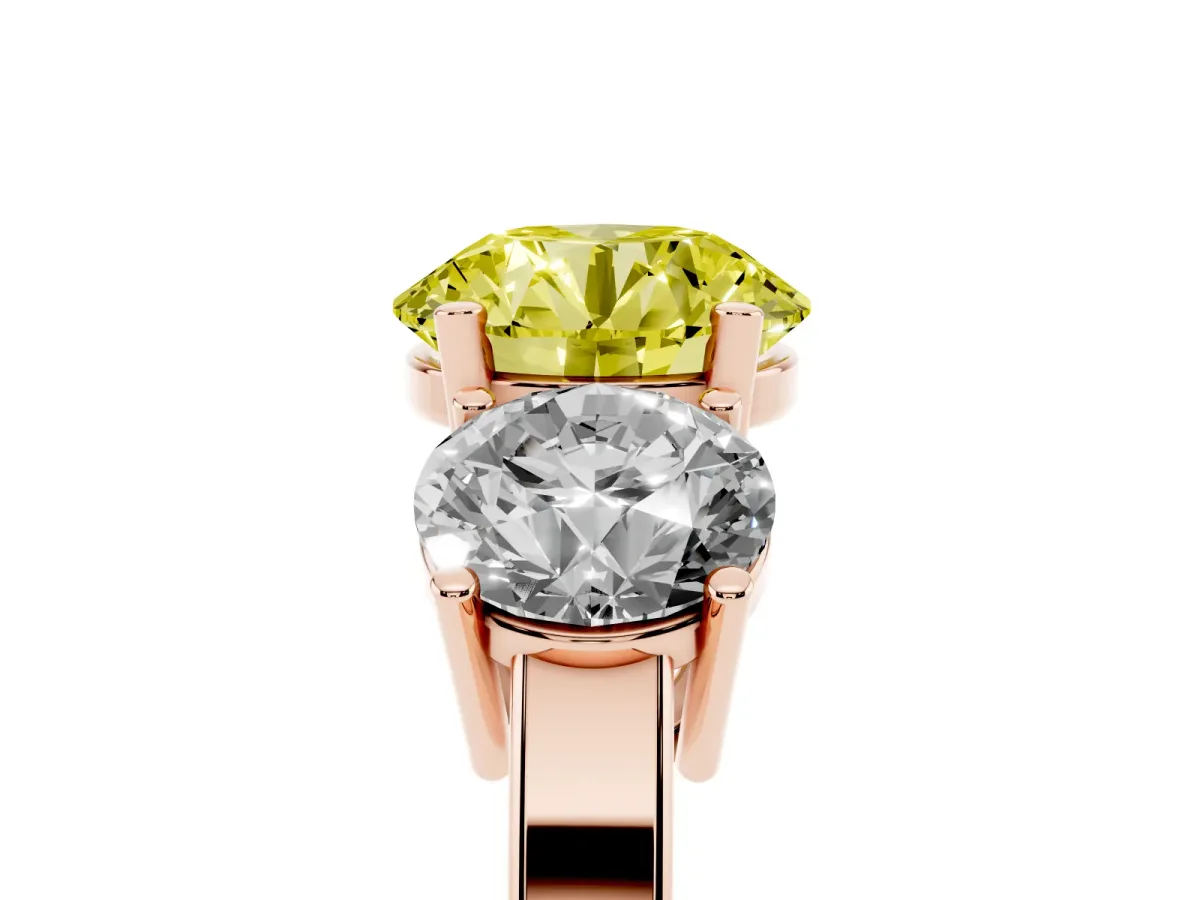 Fancy Yellow Three-Stone Round Cut Cut Diamond Engagement Ring with Flat Band and Four-Prong Setting Rose gold