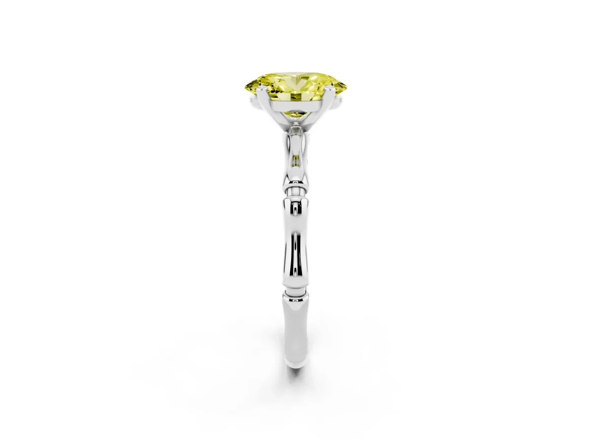 Fancy Yellow Oval Cut Solitaire Diamond Ring with Bamboo Band and Four-Prong Setting Silver
