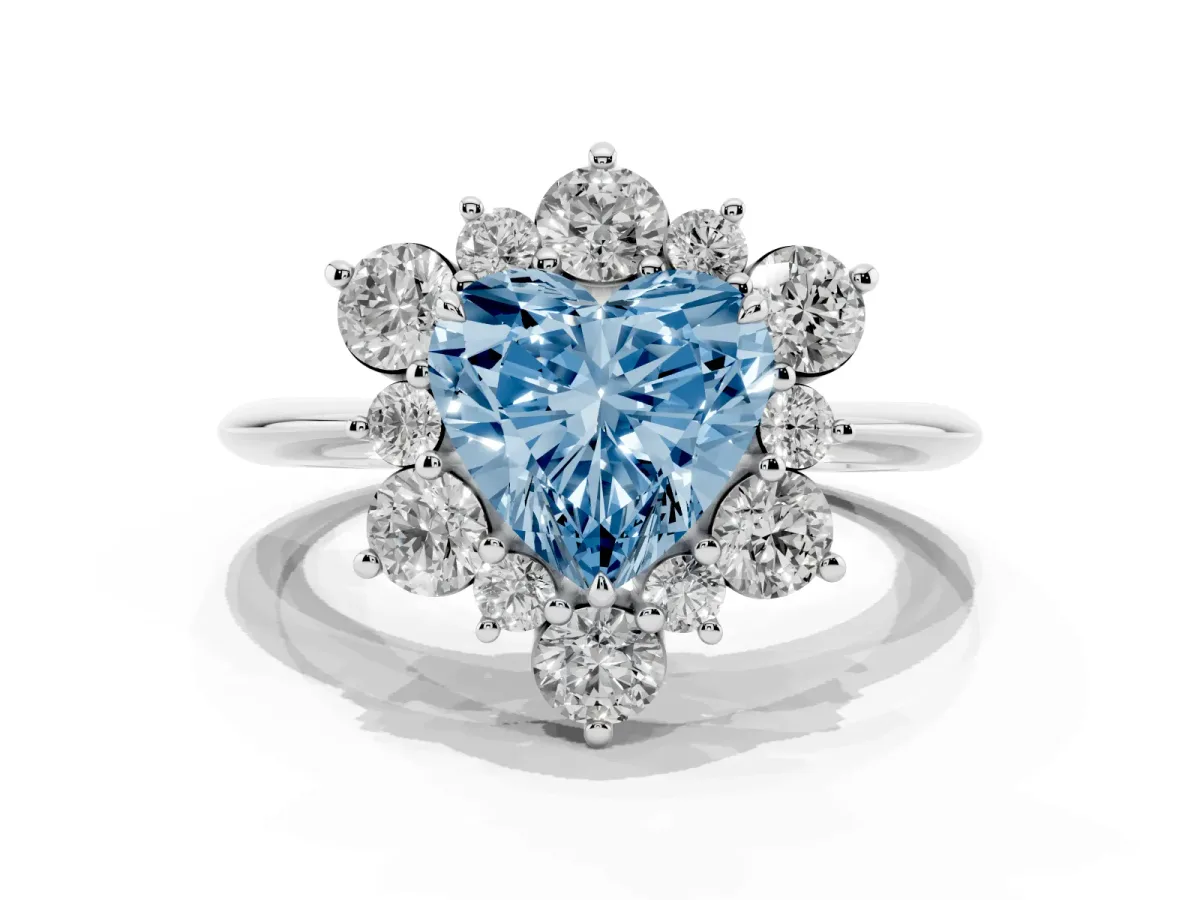 Fancy Blue Heart Cut Diamond Cluster Halo Ring with Solitaire Band and Four-Prong Setting White gold