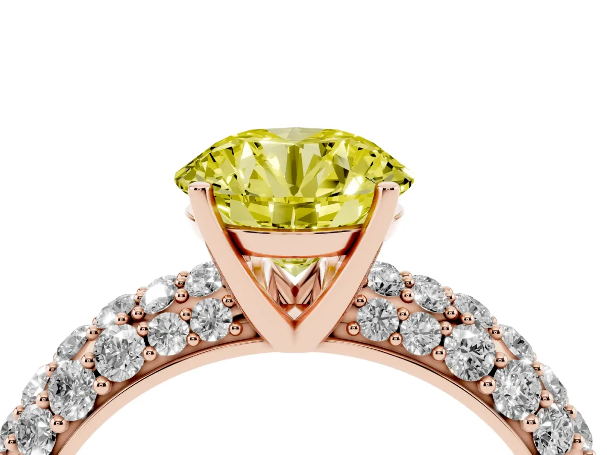 Fancy Yellow Round Cut Diamond Pavé Band Solitaire Ring with Four-Prong Setting Rose gold