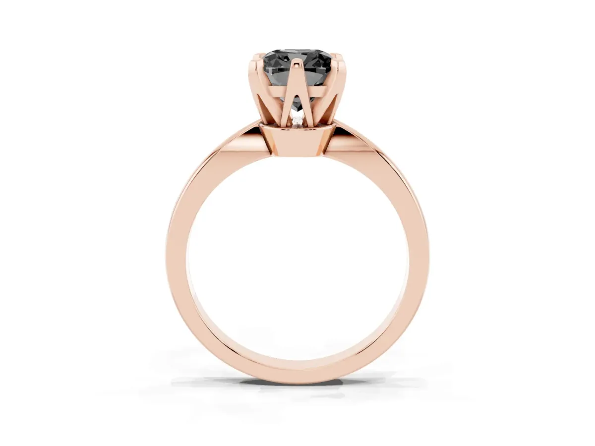 Fancy Black Cushion Cut Solitaire Engagement Ring with Six-Prong Setting and Tapered Band Rose gold