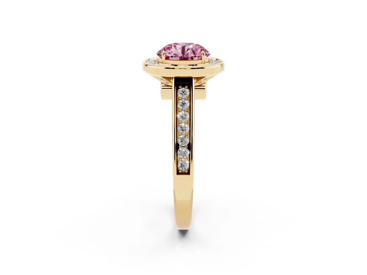 Fancy Pink Round Cut Halo Solitaire Diamond Ring with Pave Band and Bezel Setting Yellow gold