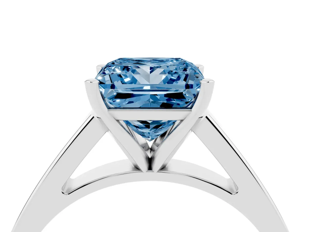 Fancy Blue Princess Cut Solitaire Engagement Ring with Four-Prong Setting and Tapered Band Platinum