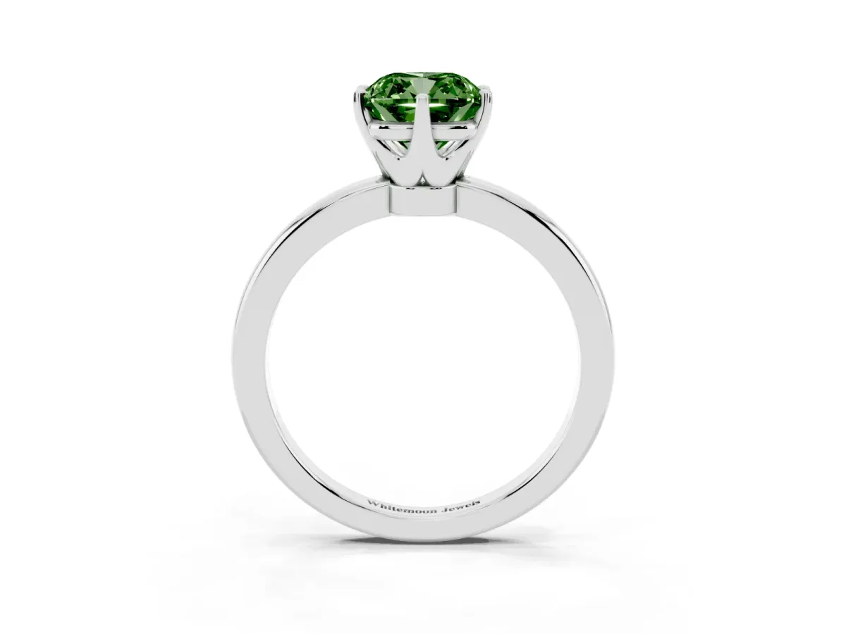 Fancy Green Cushion Cut Solitaire Diamond Ring with Six-Prong Setting on a Classic Band Silver