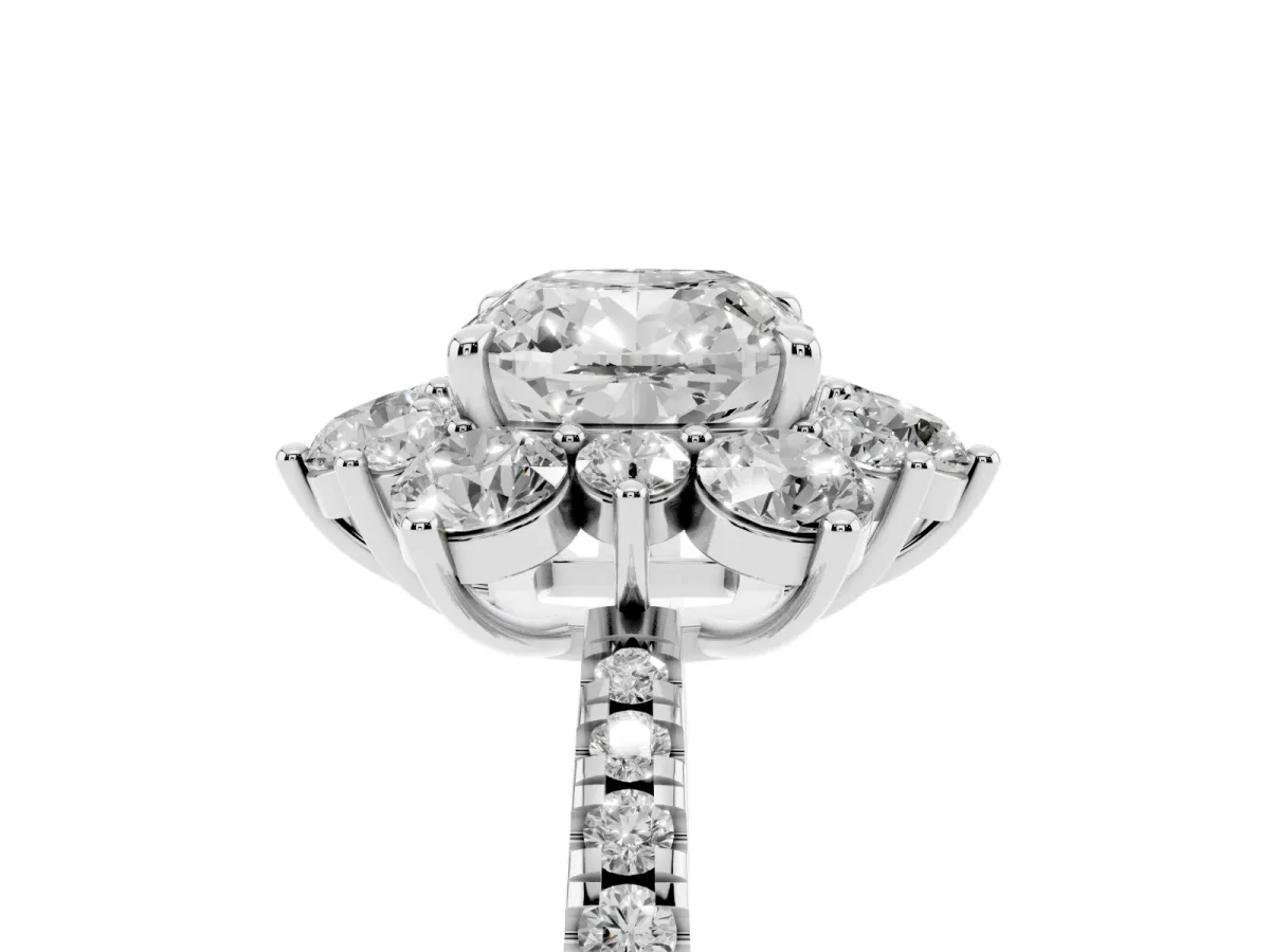 Cushion Cut Diamond Floral Halo Ring with Round Pavé Band and Prong Setting White gold