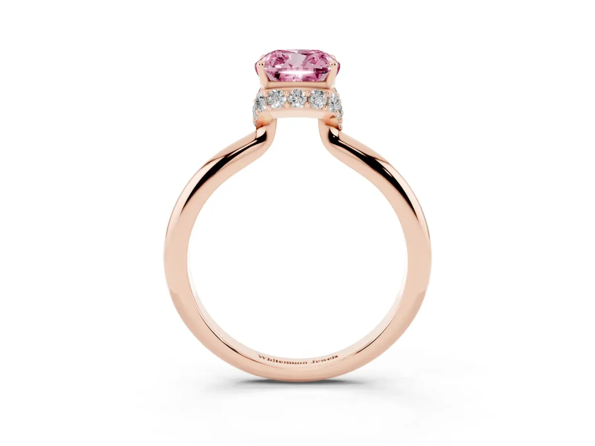 Fancy Pink Cushion Cut Brilliant Solitaire Engagement Ring with Six-Prong Setting and Classic Band Rose gold