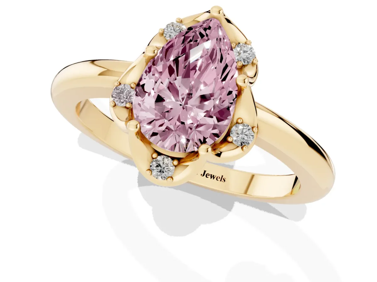 Fancy Pink Pear Cut Halo Diamond Ring with Round Cluster Setting, Solitaire Band, and Four-Prong Setting Yellow gold