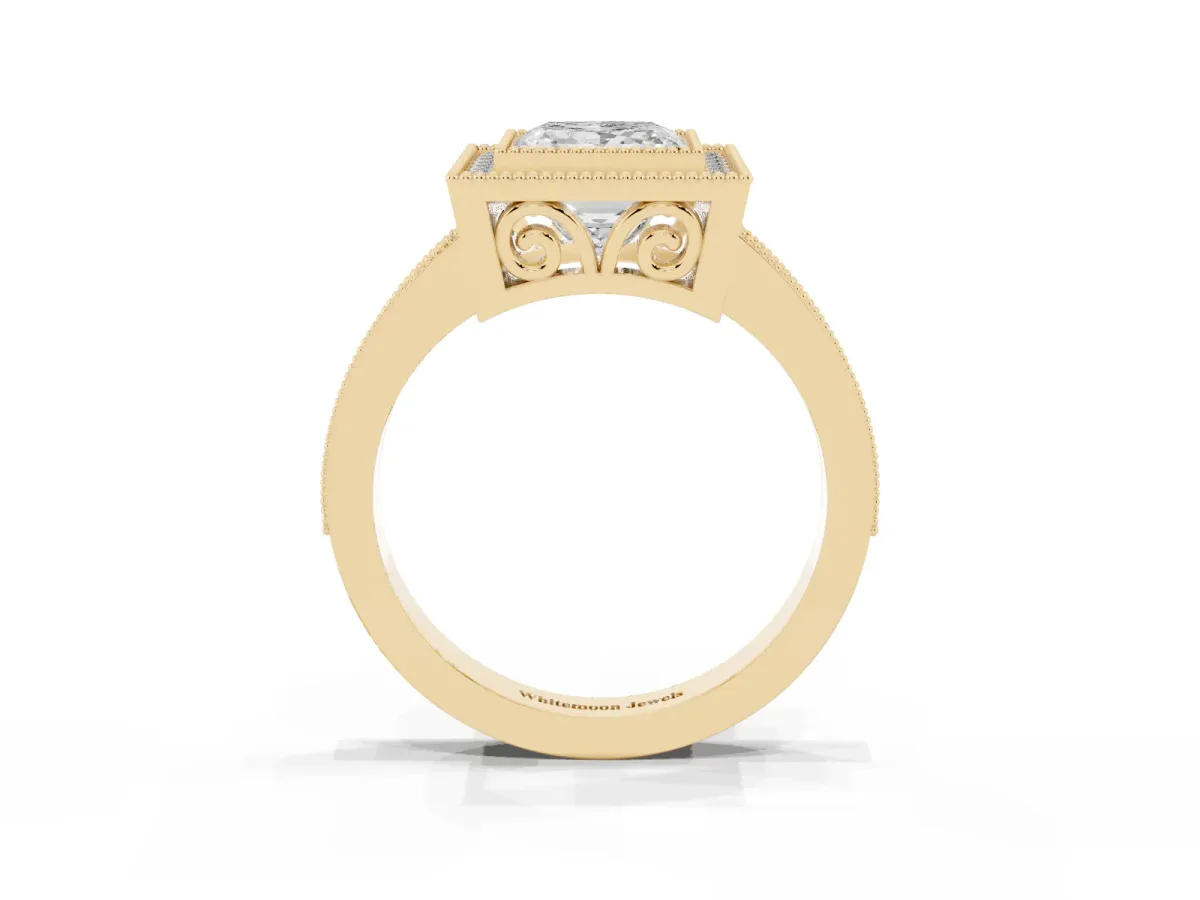 Princess Cut Cut Halo Diamond Ring with Pavé Band and Milgrain Prong Setting Yellow gold