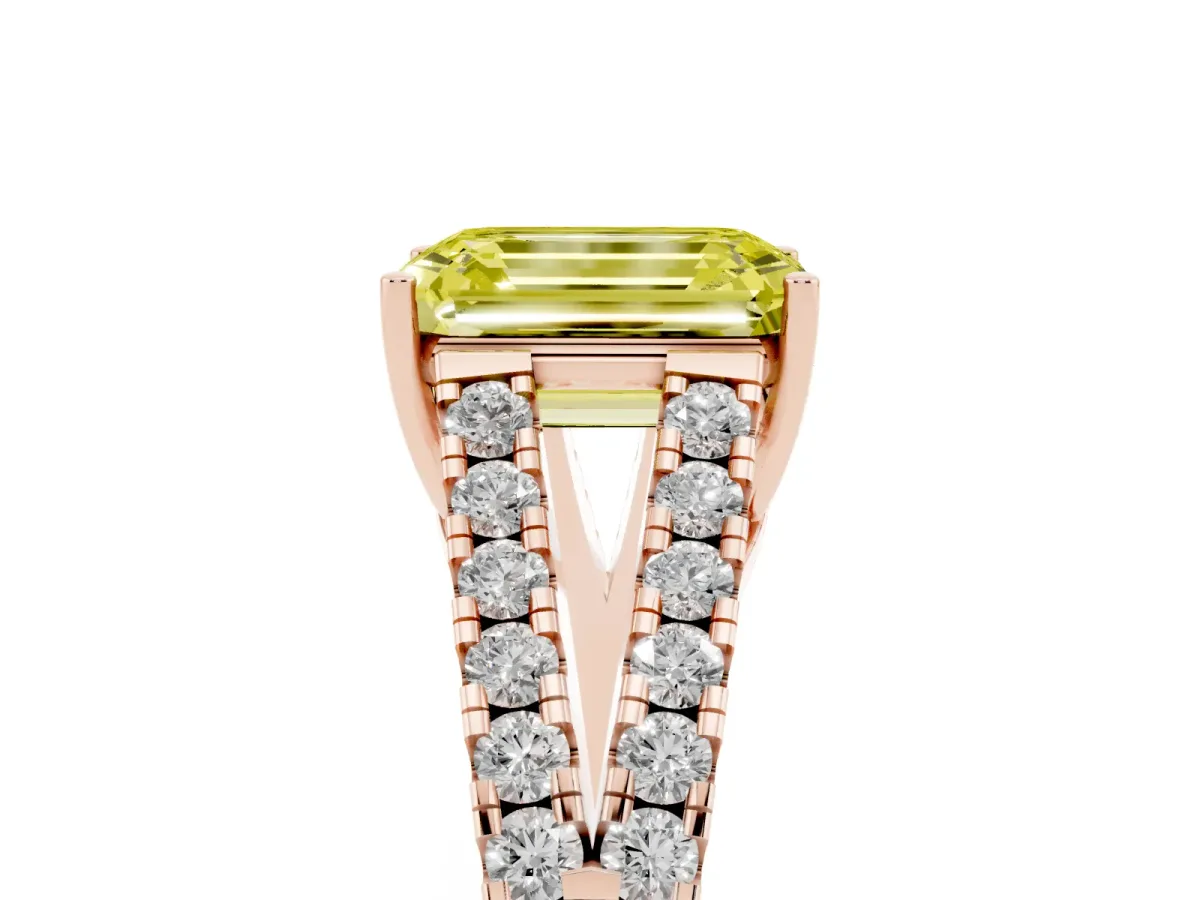 Fancy Yellow Emerald Cut Diamond Split Shank Engagement Ring with Round Pavé and Prong Setting Rose gold