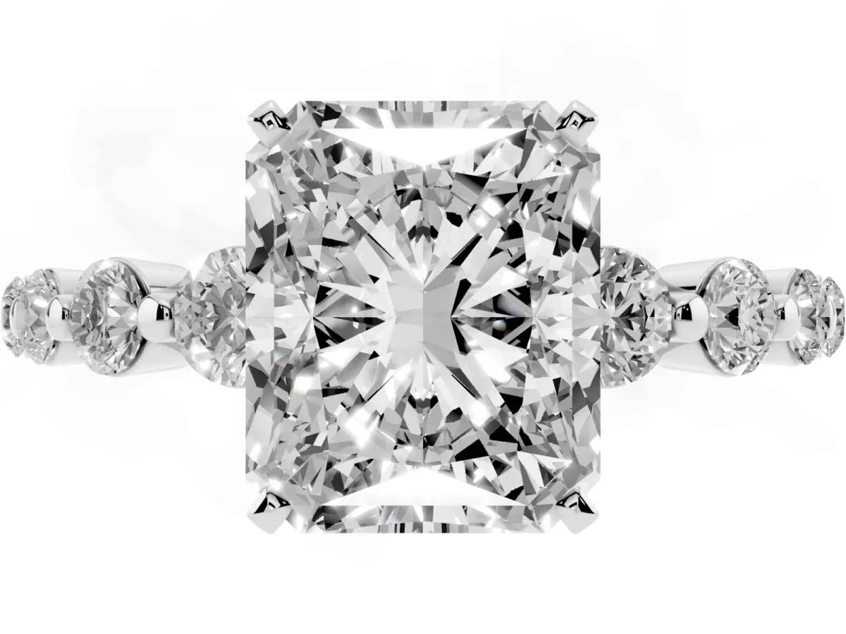 Radiant Cut Solitaire Diamond Ring with Pave Band and Four-Prong Setting Silver