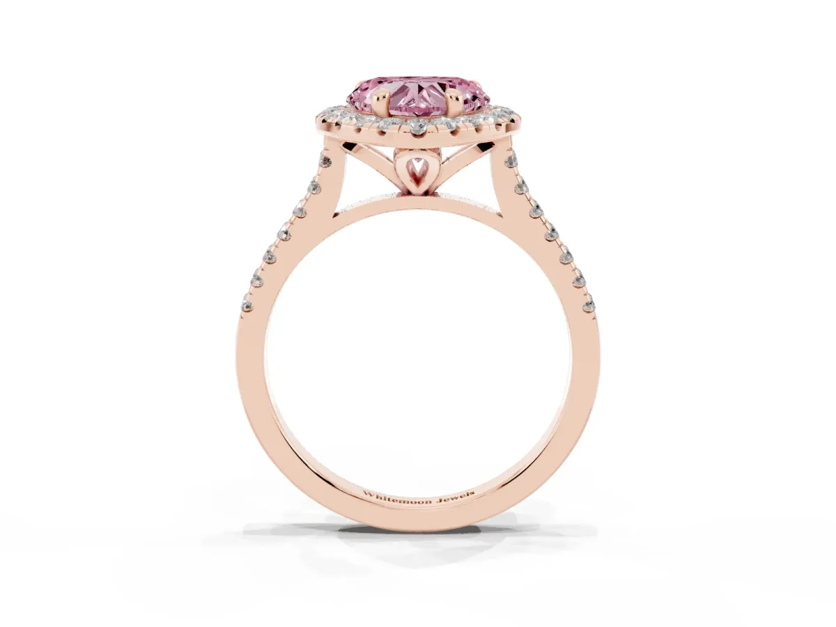 Fancy Pink Heart Cut Diamond Cushion Halo Ring with Pavé Band Rose gold