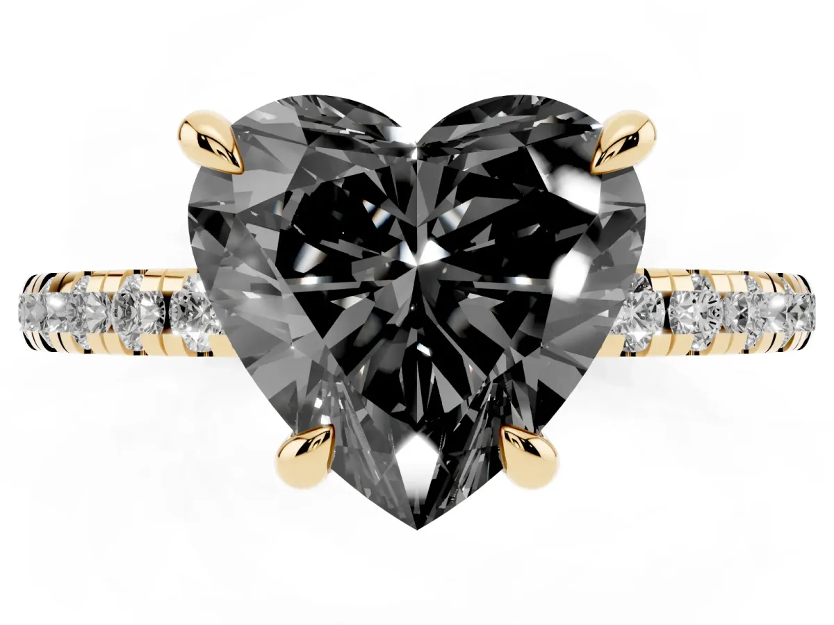 Fancy Black Heart Cut Diamond Brilliant Solitaire Ring with Pavé Band and Four-Prong Setting Yellow gold