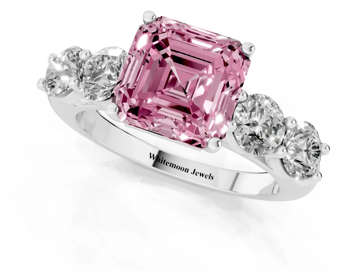 Fancy Pink Asscher Cut Cut Five-Stone Prong Set Diamond Ring with Classic Band White gold