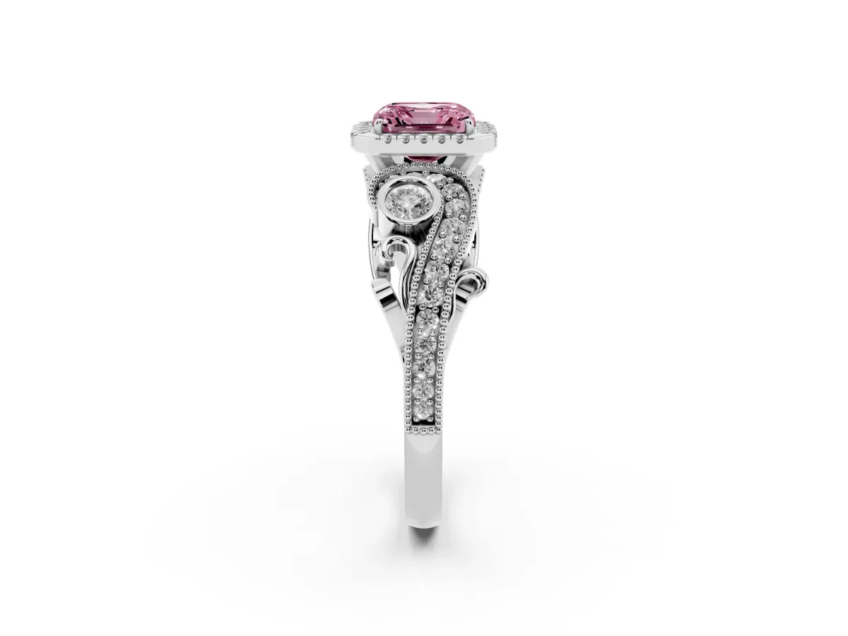 Fancy Pink Asscher Cut Halo Diamond Ring with Milgrain and Bezel Accents on a Split Shank Band Platinum
