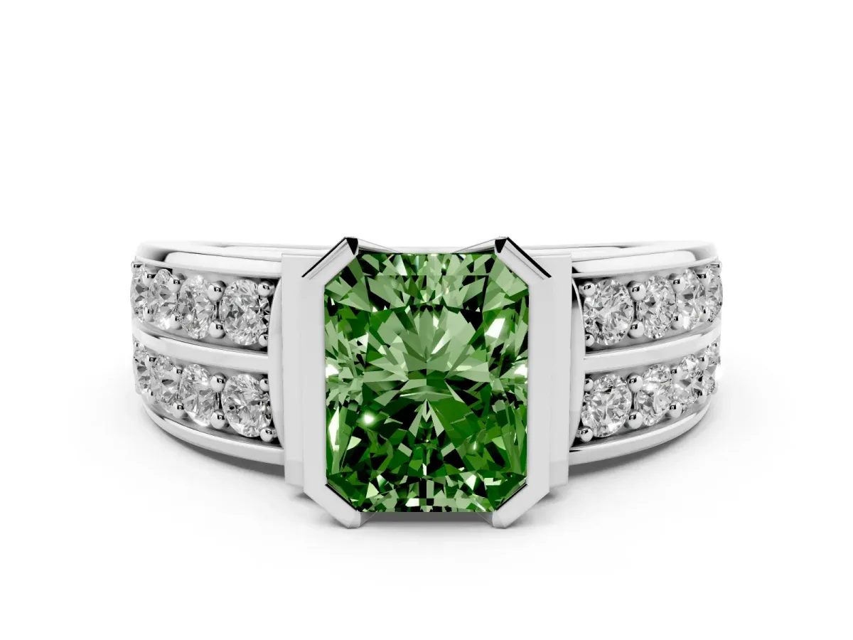 Fancy Green Radiant Cut Brilliant Diamond Channel Set Wide Band Ring with Bezel Setting Silver