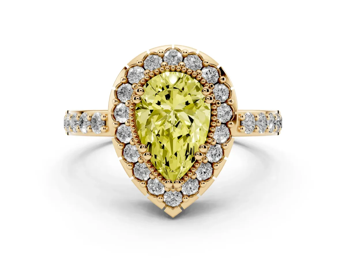 Fancy Yellow Pear Cut Diamond Halo Ring with Pavé Band and Prong Setting Yellow gold