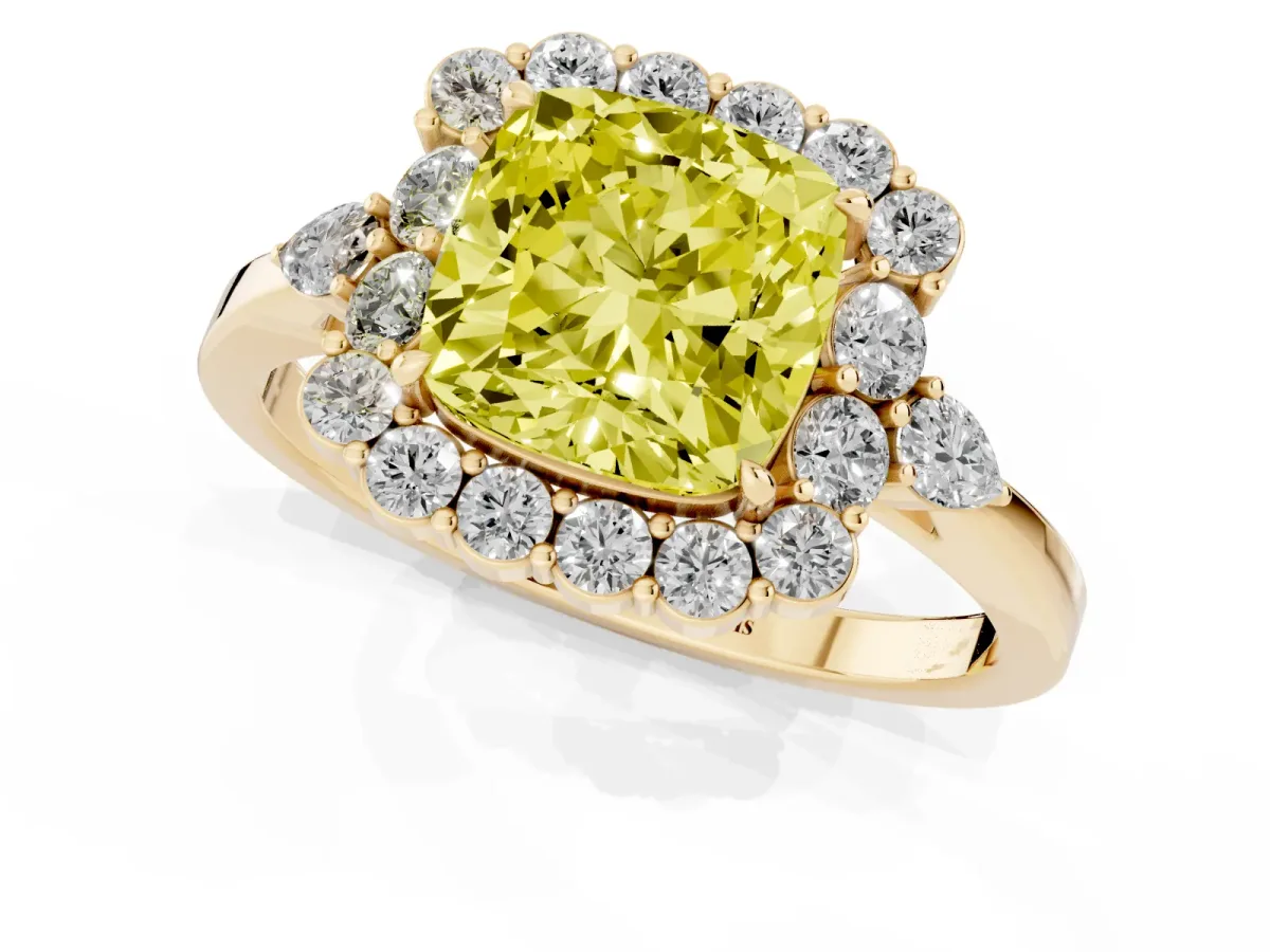 Fancy Yellow Cushion Cut Diamond Halo Ring with Pear Side Stones and Prong Setting Yellow gold