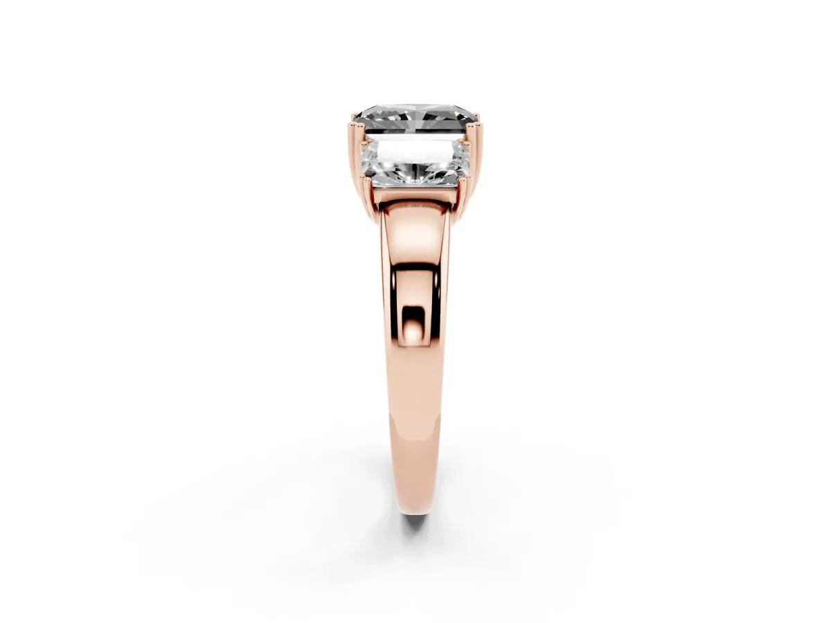 Fancy Black Three-Stone Radiant Cut Cut Diamond Ring with Channel Set Band and Four-Prong Setting Rose gold