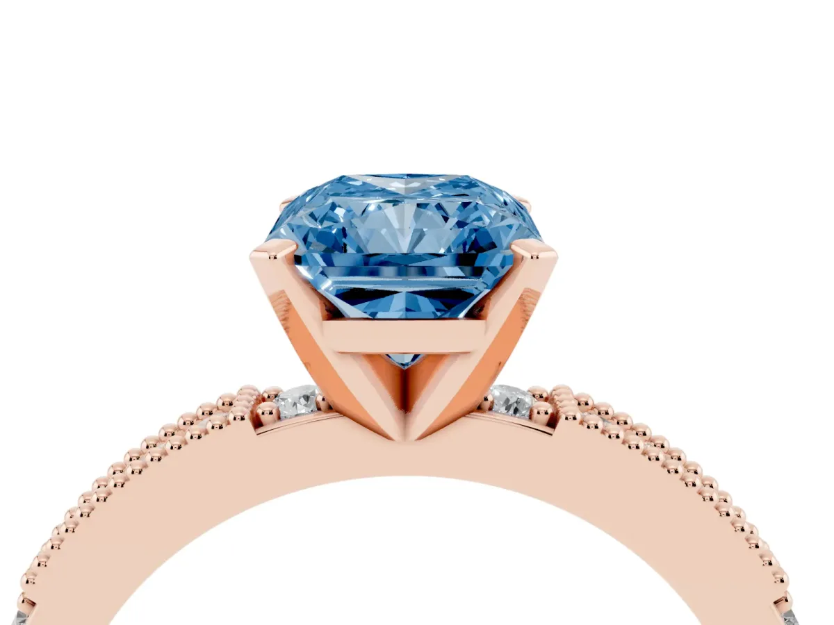 Fancy Blue Radiant Cut Solitaire with Pavé Band and Four-Prong Setting Rose gold