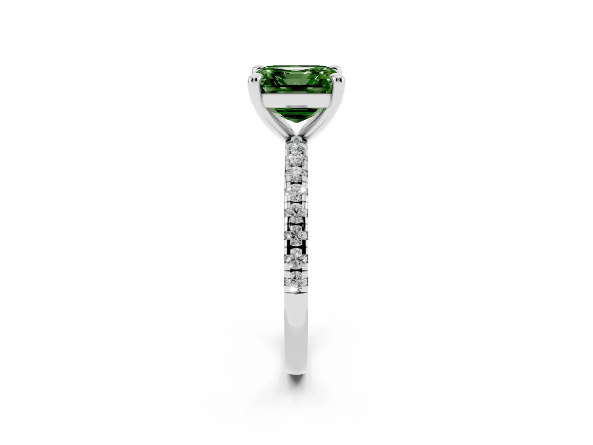 Fancy Green Asscher Cut Diamond Brilliant Solitaire Ring with Pavé Band and Four-Prong Setting White gold