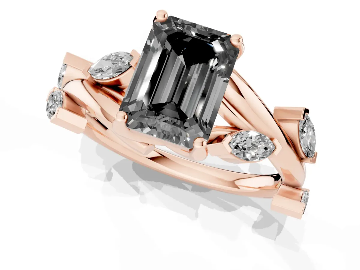 Fancy Black Emerald Cut Solitaire Twisted Band Marquise Accent Prong Setting Ring Rose gold