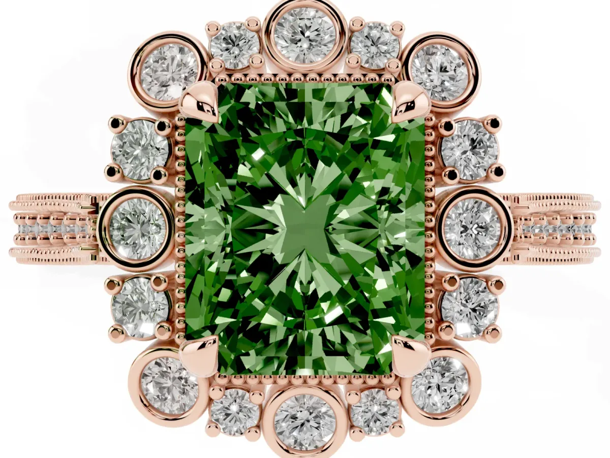Fancy Green Radiant Cut Halo Milgrain Pave Diamond Ring with Four-Prong Setting Rose gold