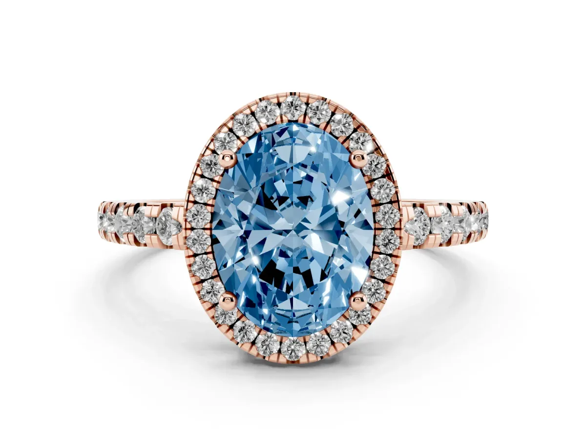 Fancy Blue Oval Cut Diamond Halo Ring with Pavé Band and Four-Prong Setting Rose gold
