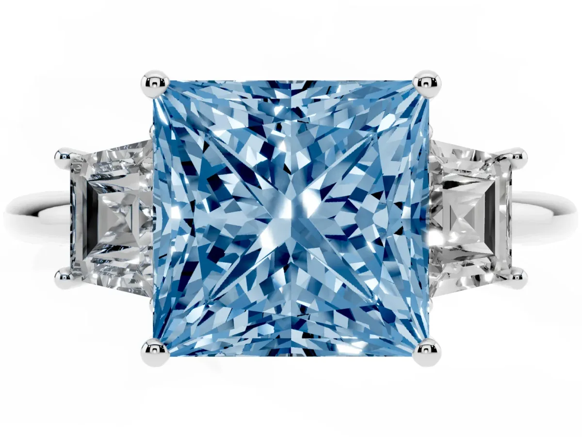 Fancy Blue Princess Cut Diamond Three-Stone Ring with Trapezoid Side Stones and Prong Setting Silver
