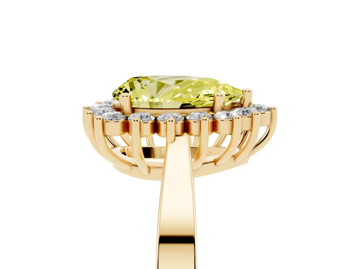 Fancy Yellow Pear Cut Cut Diamond Halo Ring with Round Brilliant Halo and Solitaire Band Yellow gold