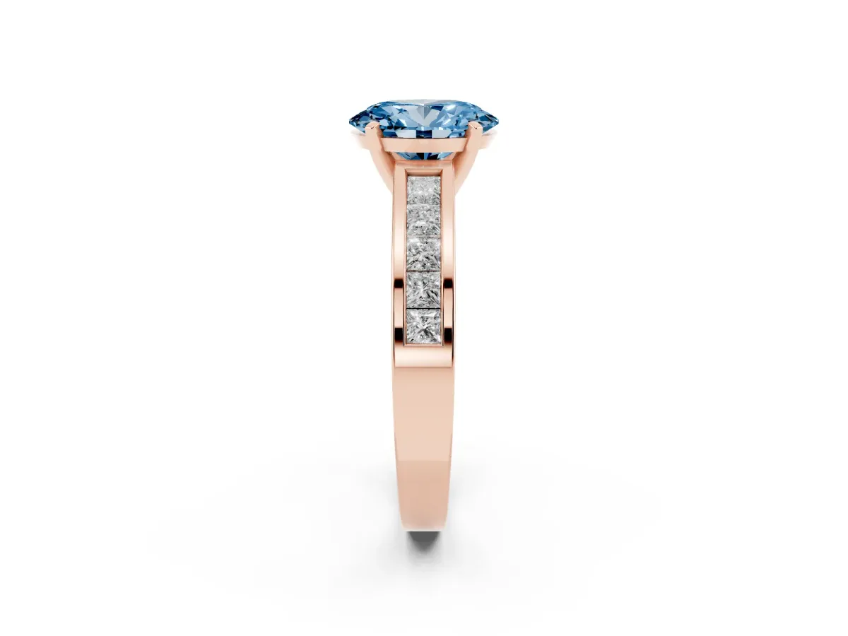Fancy Blue Oval Cut Solitaire Diamond Ring with Channel-Set Band and Four-Prong Setting Rose gold