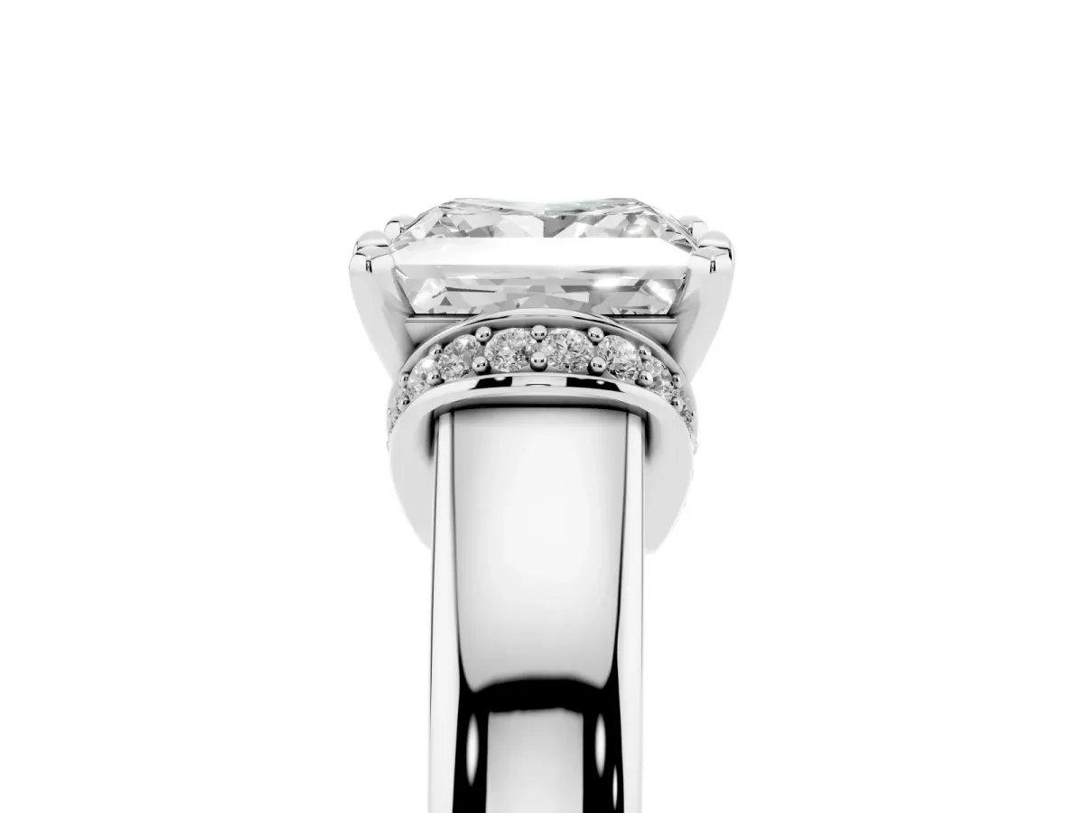 Princess Cut Solitaire Diamond Ring with Pave Band and Six-Prong Setting Silver
