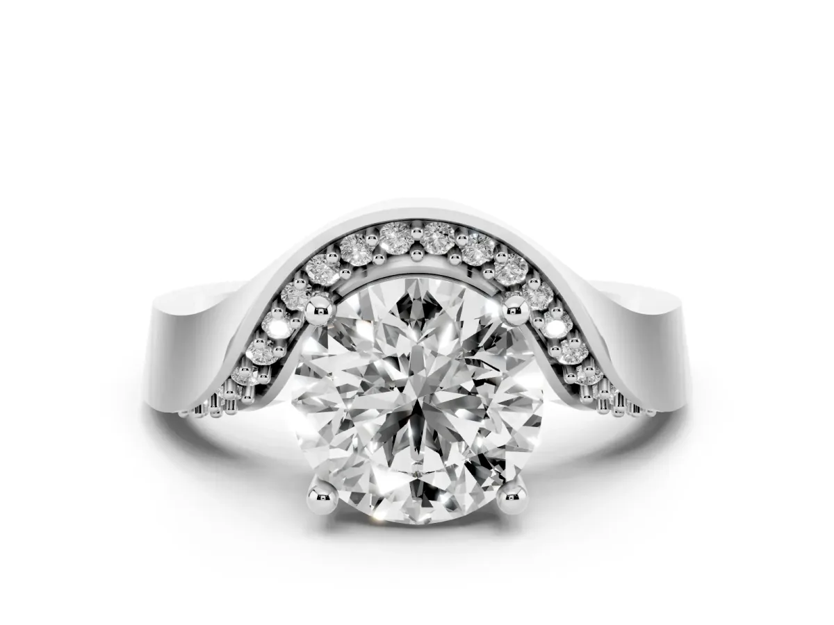 Round Cut Solitaire Diamond Engagement Ring with Pave Band and Four-Prong Setting Silver