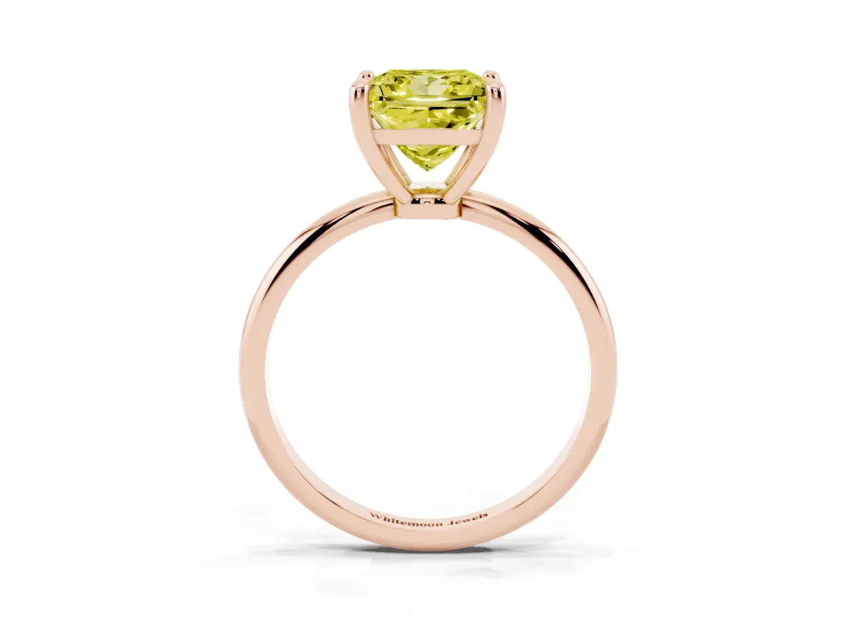 Fancy Yellow Princess Cut Solitaire Diamond Ring with 4-Prong Setting on a Classic Band Rose gold