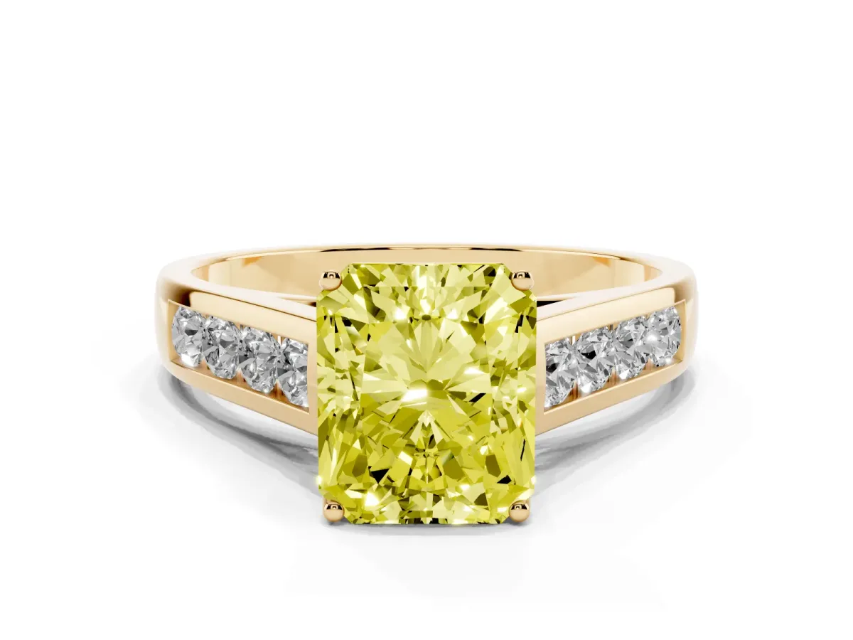 Fancy Yellow Radiant Cut Solitaire Channel-Set Diamond Engagement Ring with Four-Prong Setting Yellow gold