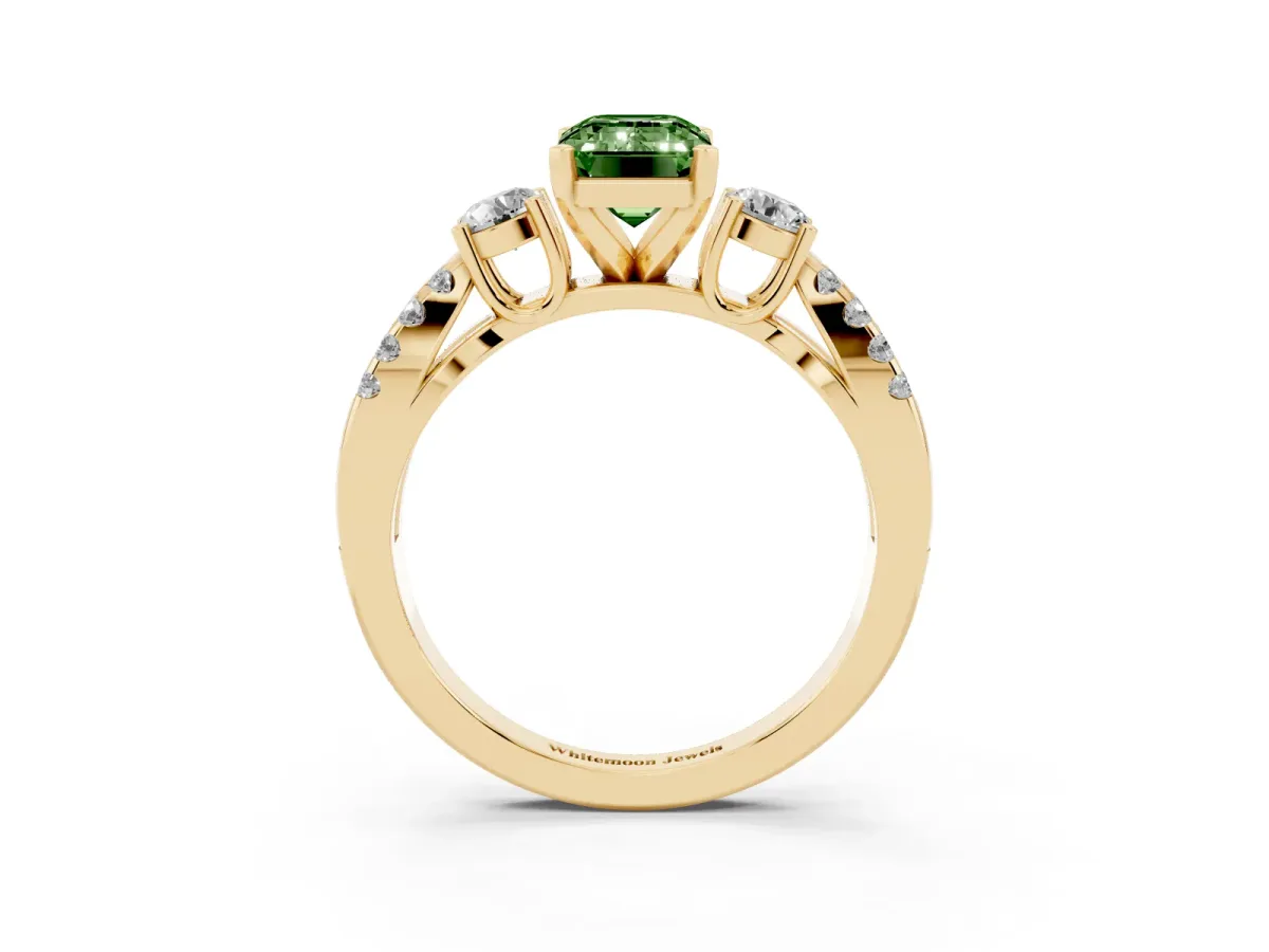 Fancy Green Emerald Cut Diamond Three-Stone Ring with Pavé Split Shank and Four-Prong Setting Yellow gold