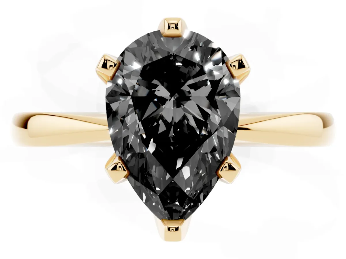 Fancy Black Pear Cut Solitaire Engagement Ring with Six-Prong Setting and Tapered Band Yellow gold
