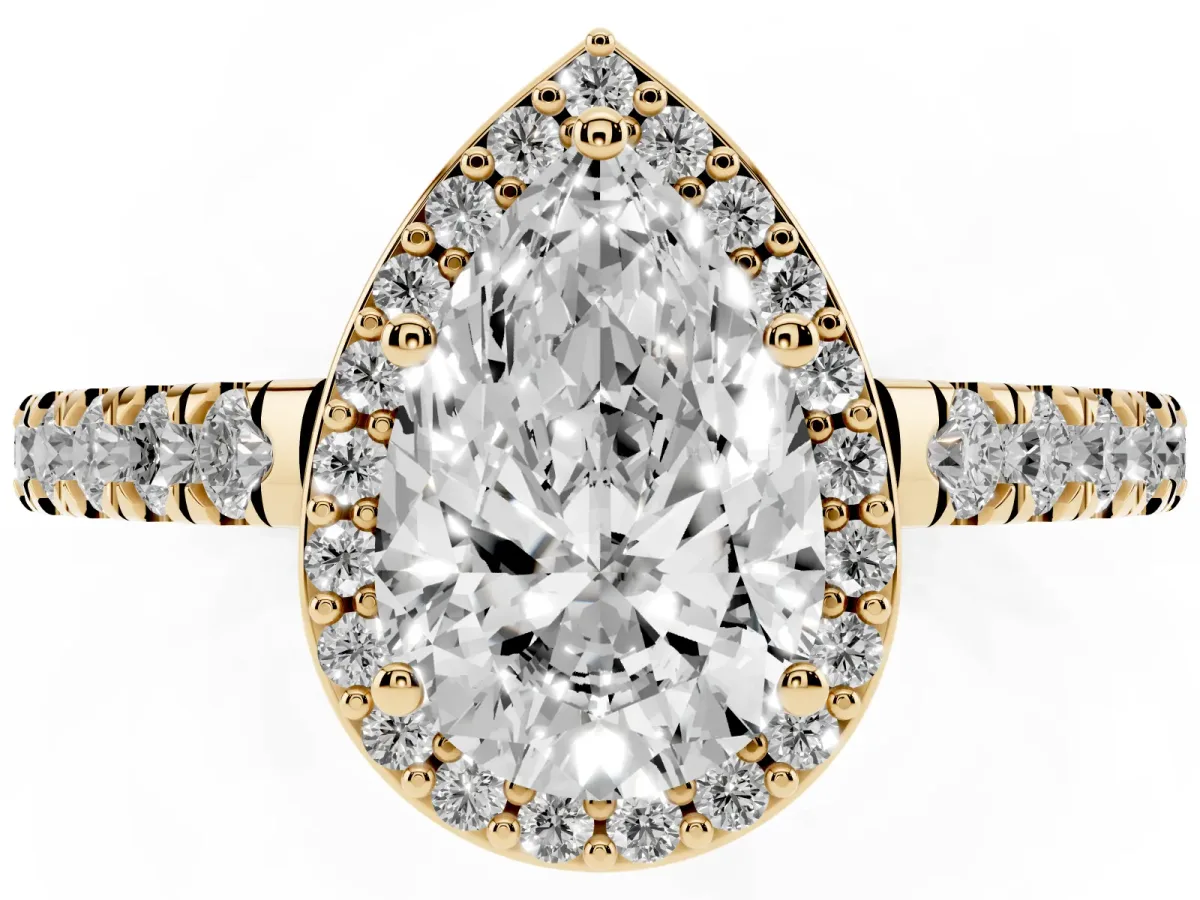 Pear Cut Cut Halo Diamond Engagement Ring with Pave Band and Four-Prong Setting Yellow gold