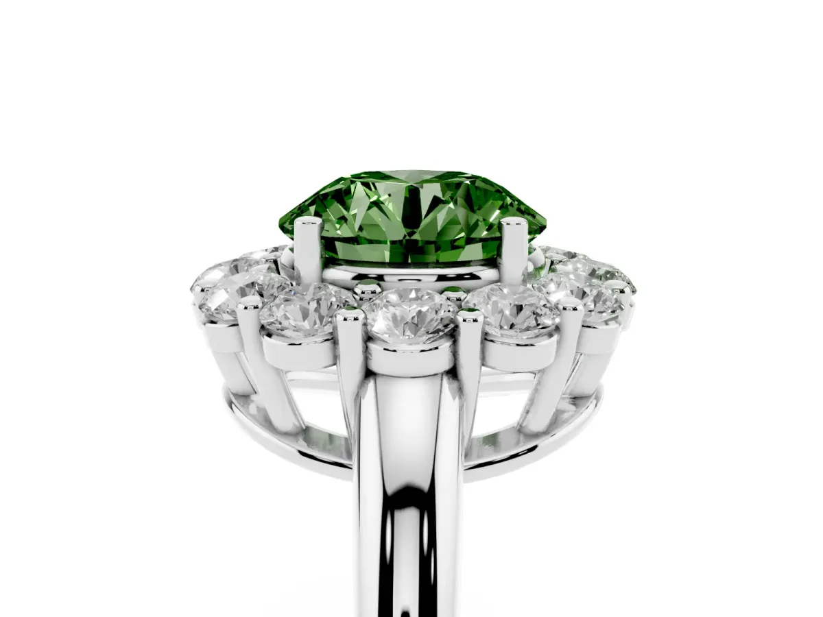 Fancy Green Round Cut Halo Cluster Diamond Engagement Ring with Prong Setting and Polished Band Silver
