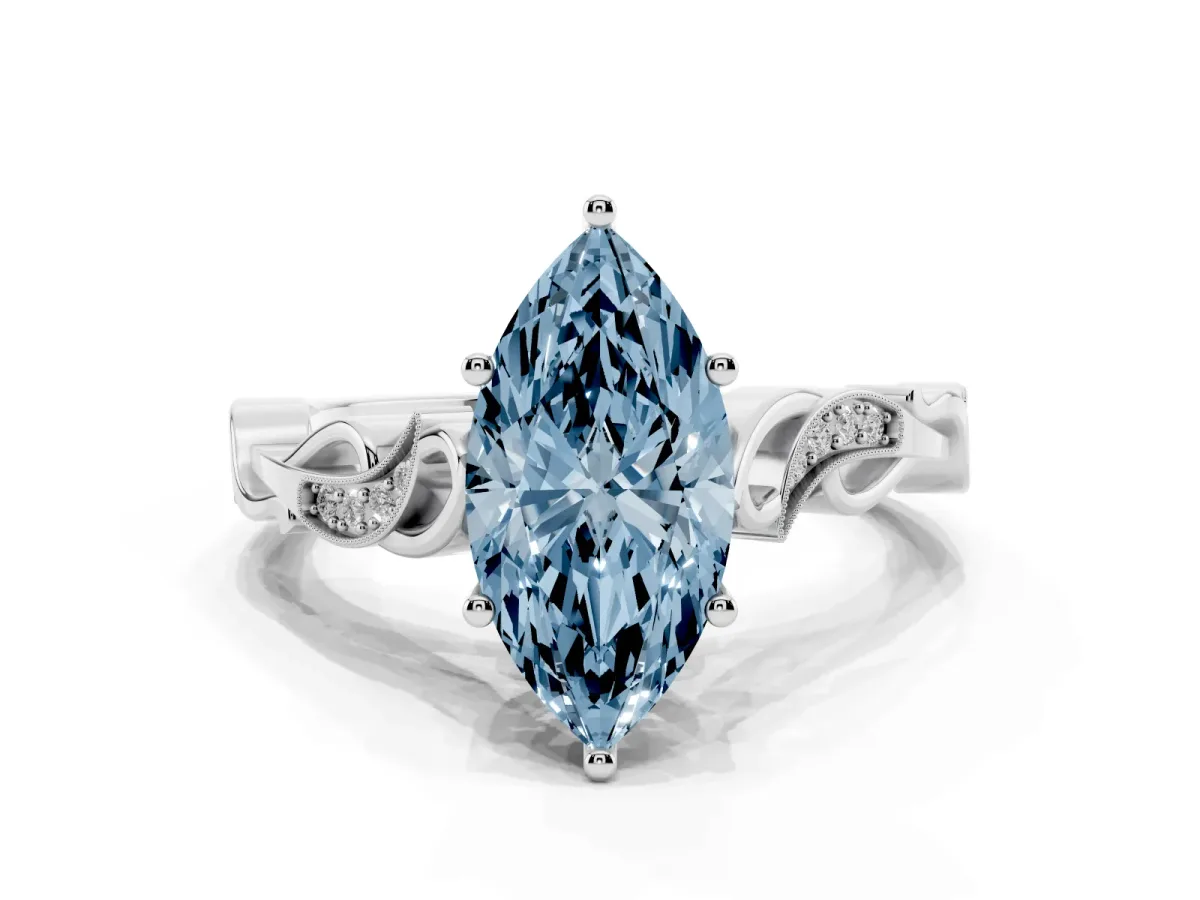 Fancy Blue Marquise Cut Solitaire Vine Band with Milgrain Prong Setting Platinum