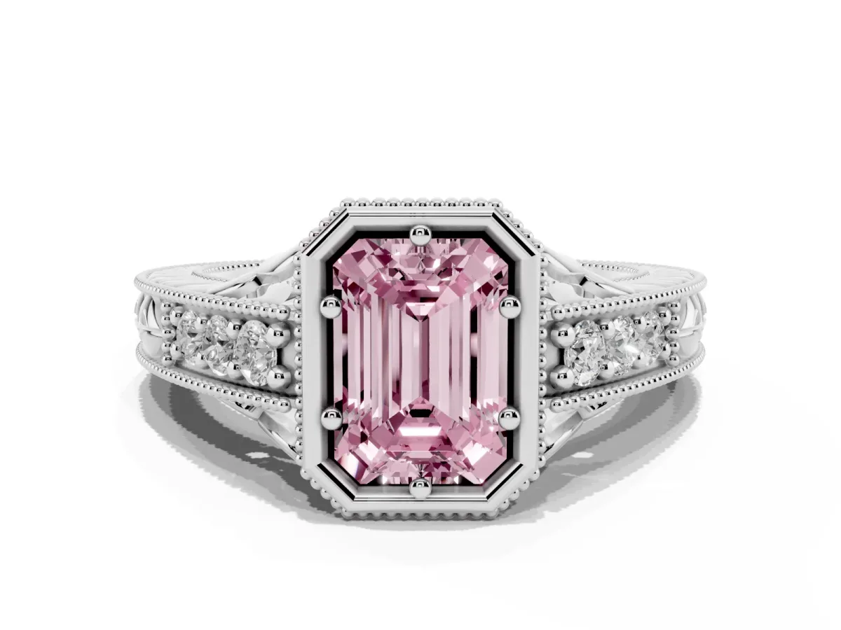 Fancy Pink Bezel Set Emerald Cut Diamond Milgrain Pave Engagement Ring Platinum