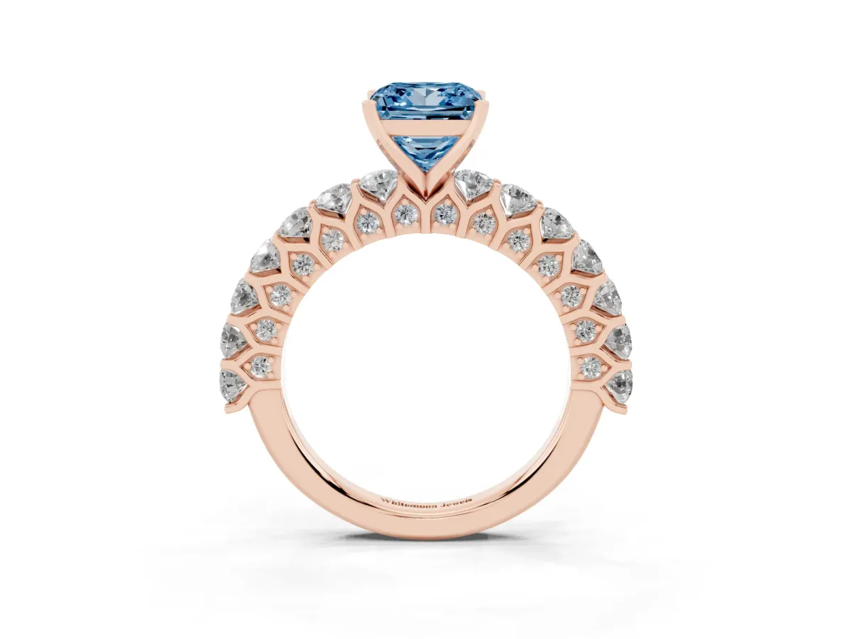 Fancy Blue Princess Cut Diamond Solitaire Ring with Shared Prong Pavé Band and Four-Prong Setting Rose gold