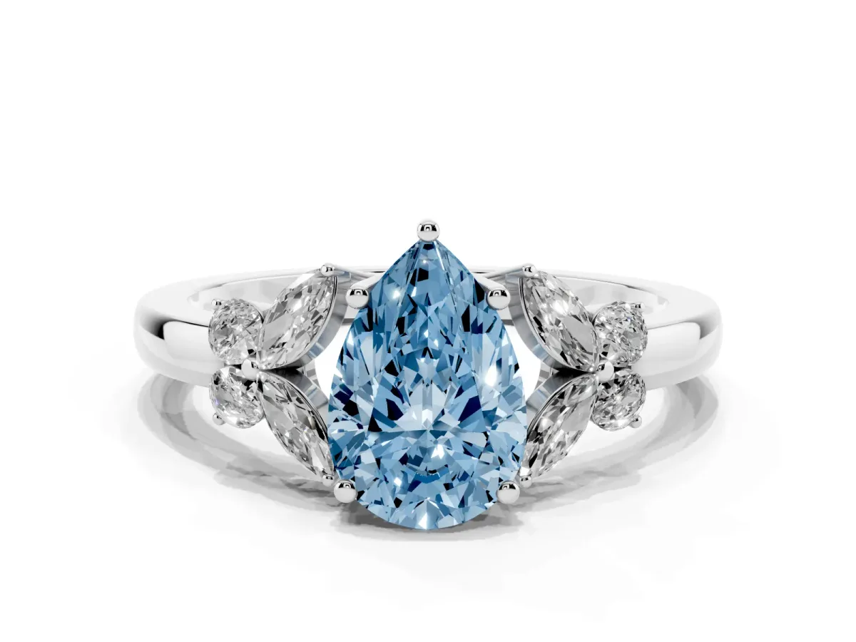 Fancy Blue Pear Cut Cut Solitaire Floral Diamond Ring with Four-Prong Setting Platinum