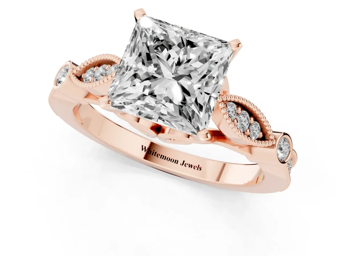 Princess Cut Cut Diamond with Milgrain Marquise and Bezel Accents on a Solitaire Band with Prong Setting Rose gold